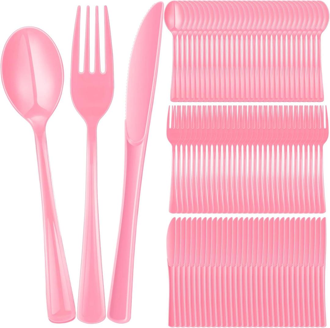 300 Pcs Plastic Silverware Heavy Duty Cutlery Set Plastic Utensils Set Includes 100 Disposable Spoons 100 Forks Knives for Parties Catering Family Gathering(Pink)