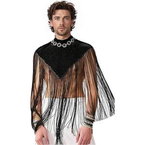 Men's Long Tassel Shrug Shoulder Pads Tank Top Clubwear Disco Rave Outfits Patchwork Sequins Fringe Outwears, Medium