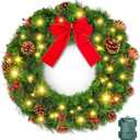 Brightown Inch Pre-Lit Christmas Wreaths for Front Door, IP44 Battery Operated 50 LED Christmas Wreath, Decor with Pinecones Pine Needles Branches Red Berry Mini Bow for Front Door Wall Window