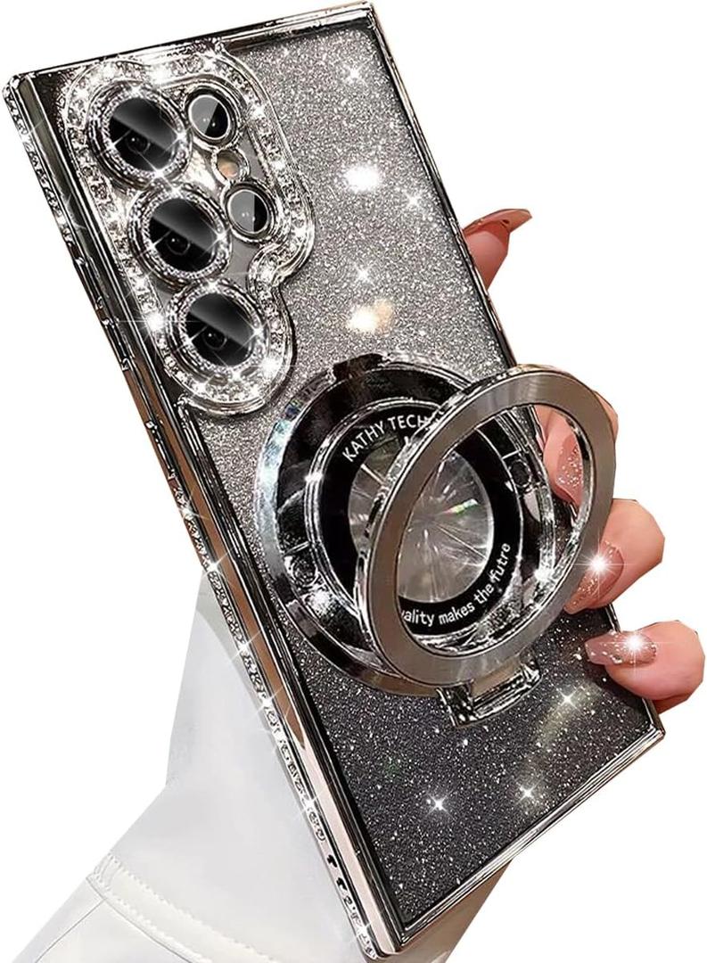 Changjia for Samsung Galaxy S25 Ultra Magnetic Kickstand Glitter Case, [Compatible with Magsafe] Cute Bling Sparkly Diamond Rhinestone with Camera Protector Women Girl Case for Galaxy S25 Ultra,Silver