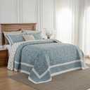 FineStichery Oversized Quilt Bedspread Coverlet Set, 102"x120" 100% Cotton Extra Large Quilt, Botanical Pattern, Lightweight Quilted Reversible Bedding Set with 2 Pillow Shams, Teal/Beige