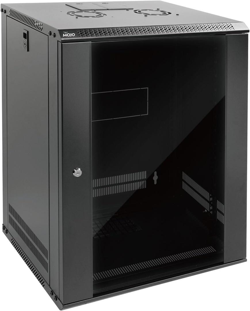 Tecmojo 15U Wall Mount Rack Network Cabinet for 19" IT Equipment,with Lockable Glass Door and Side Panels,Cooling Fan,17.7inch Depth,Black (15U)