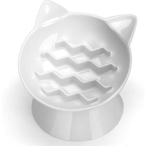 Ceramic Slow Feeder Cat Bowl, 2 Cups Tilted Elevated Cat Slow Feeder Bowl for Dry and Wet Food, Honeycomb Design for Preventing Vomiting & Bloating (White-Cute Kitten)