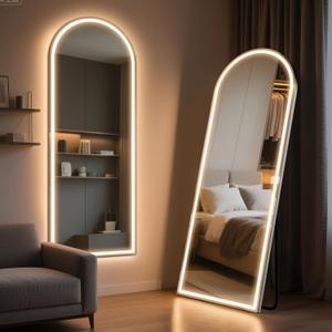 71" x 26" Arched Full Length Mirror with LED Lights, Floor Mirror with Stand, Wall Mirror Full Length, Body Floor Mirror, Wall Mounted Mirror for Bedroom, Dimmable, Tempered Glass