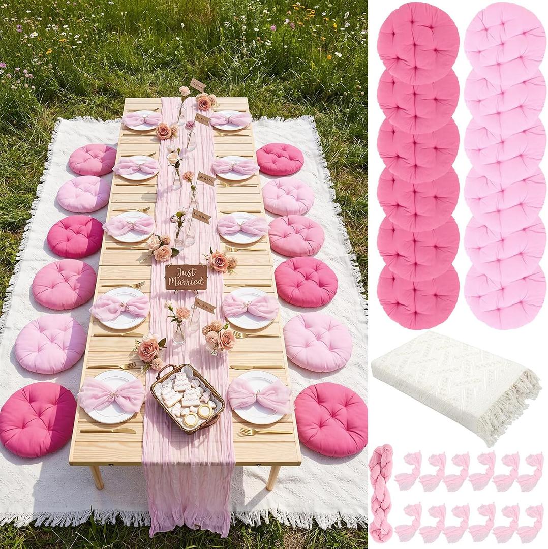 Beeveer 71x150'' Extra Large Outdoor Picnic Blanket with Pink Table Runner 12 Napkins and 12 Pink Floor Pillow Cushions for Picnic Party Camping Wedding Bachelorette Birthday Baby Shower Decor