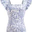 Women's Boho Floral Print Ruffle Top Square Neck Cap Sleeve Vacation T Shirts, Medium