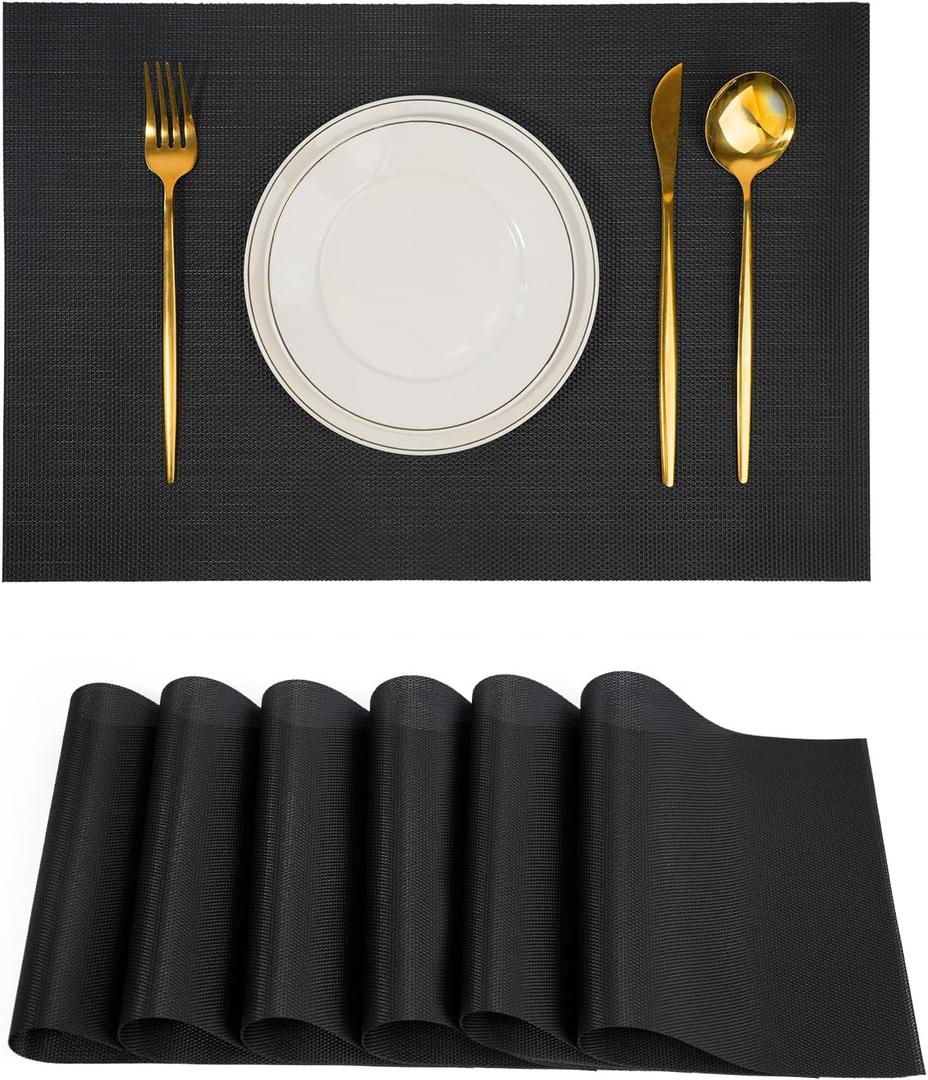flohar Placemats Set of 6Non-Slip PVC Weave Table Mats Easy to Clean Heat Resistant Place Mats for Kitchen Dining Table Decoration Indoor Outdoor Black