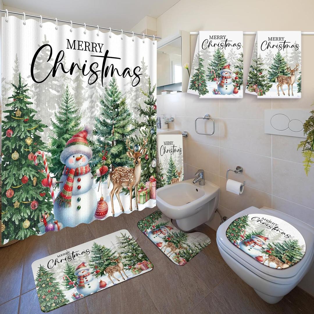 Nuanchu 6 Pcs Christmas Shower Curtain Set with Rug Bathroom Sets with Shower Curtain Bath Mat U Shaped Mat Toilet Lid Cover 2 Bath Towels and 12 Hooks White Christmas Snowman Bathroom Decor
