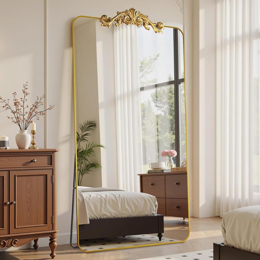 Vintage Full Length Mirror, 81"x41" Floor Mirror with Carved, Full Body Mirrors for Home Decor, Standing/Hanging Large Wall Mirrors for Bedroom/Living Room/Entryway, Gold, Retro Style