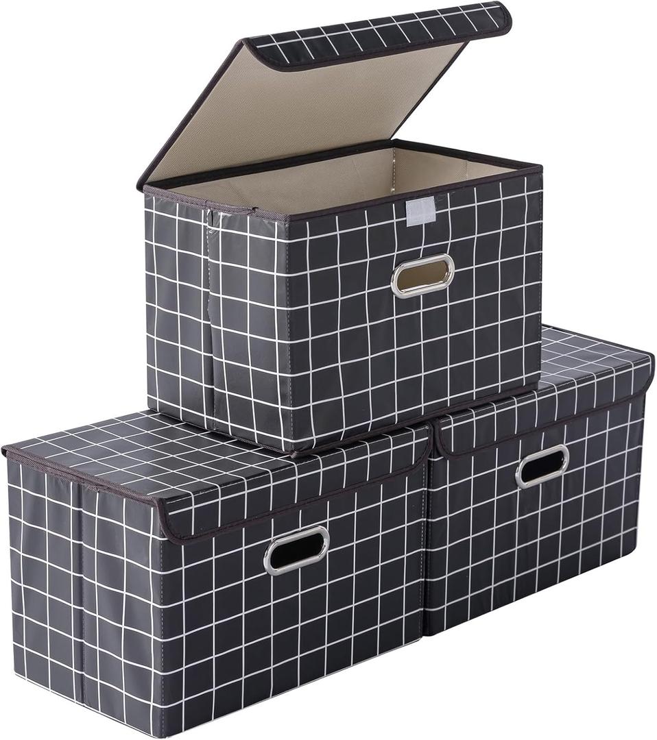 STOREONE Fabric Storage Cube Bins Foldable Organizer Container Collapsible Basket with Lids and Metal Handles, for Home, Bedroom, Closet 3 Pcs (Black grid)