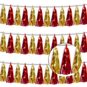 3P Red Gold Metallic Fringe Banner Garland Foil Tinsel Streamer Wall Hanging Curtain Backdrop Banners for Parade Floats Graduation Halloween, Christmas, Baby Bridal Shower Party Decorations