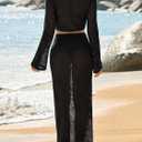 Saodimallsu Womens Crochet Swim Cover Up 2 Piece V Neck Long Sleeve Wrap Tie Crop Tops Beach Boho Maxi Coverup Set (Black), M