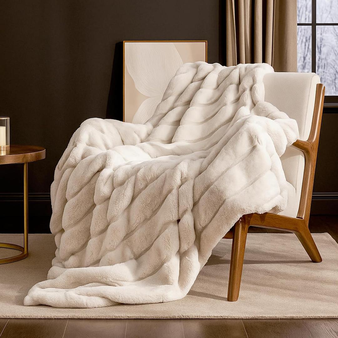 Cozy Bliss Deluxe Sheared Rabbit Faux Fur Throw Blanket, Soft Fuzzy High-Low Sculpted Plush Blanket for Couch, Cozy Home Accent, All Season Use, Beige 50"x60"
