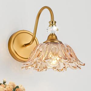 1 Piece Vintage Wall Sconce with Floral Amber Glass Shade, Matte Brass Finish Wall Sconce for Bathroom,Vintage Bathroom Vanity Light Fixture