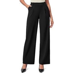 IUGA Womens Dress Pants Wide Leg Pull On Stretchy Work Pants Women High Waisted Business Casual Trousers with Pockets, X-Large, Black-Petite