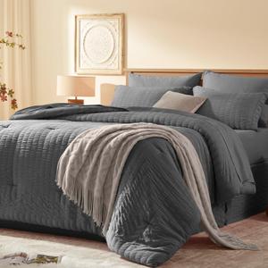 Full Size Comforter Set 8 Pieces, Seersucker Bed in a Bag Full, Dark Grey Comforter with Sheets, Comforters Full Size Bedding Sets with Comforter, Sheets, Pillowcase & Sham and Bed Skirt (Full-8 Pieces, 02 - Dark Grey)