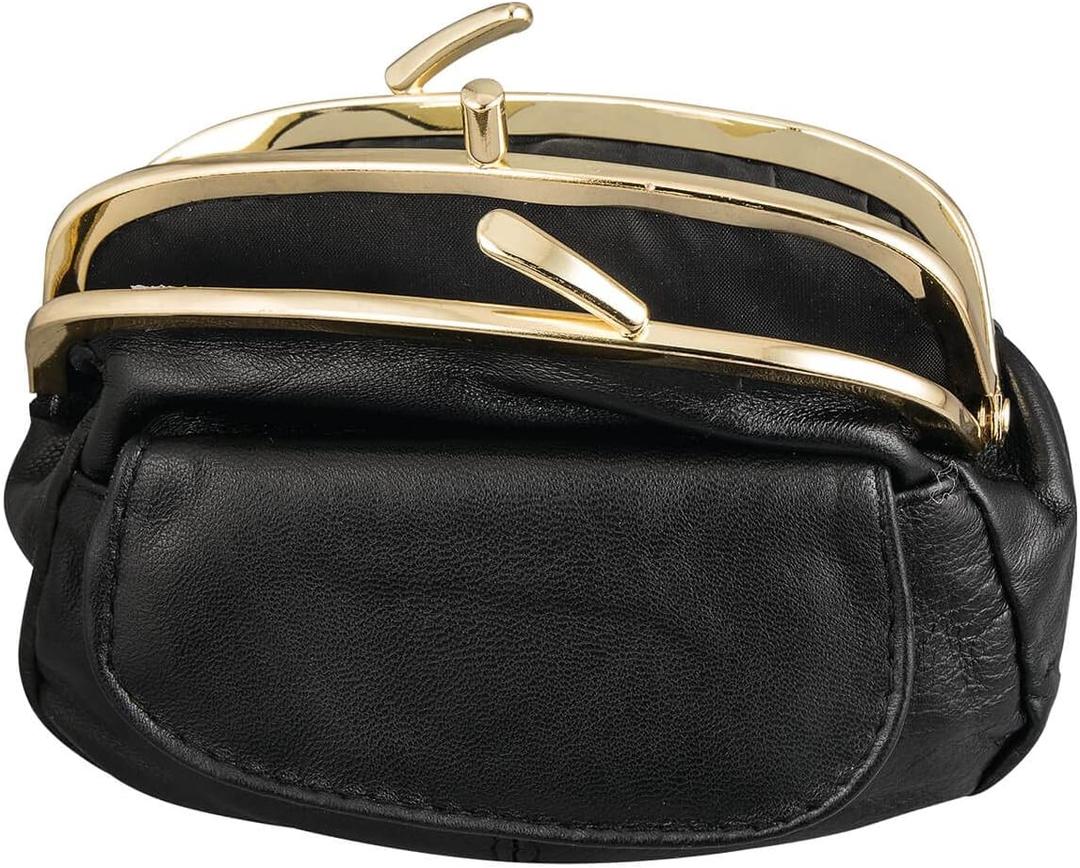 Dual Clasp Leather Coin Purse, Geunine Leather, Features Dual Goldtone Metal, Snap-Close Exterior Pocket - Measures 5 3/4" Wide x 4 1/4" High