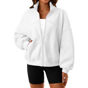 SOFIA'S CHOICE Women's Fleece Zip Up Sweatshirt Cute Long Sleeve Sweatshirts Jackets (Large, White)