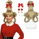 Wiggy Mermaid Blonde Braided Wig with Red-bow Earrings for Women Christmas Cindy Wig with Accessories for Halloween Christmas Costume Party