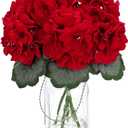 Artificial Geranium Flower Arrangement in Glass Vase, Realistic Red Faux Flowers Table Centerpiece 11.8 Inch for Home Office Shelf Decor