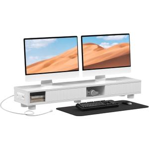 Artswish Dual Monitor Riser White for 2 Monitors, 2-tier Monitor Stand with Drawer,Computer Monitor Stand Riser with 2 Adjustable Feet,42.4 Inch Long Desk Shelf for Monitor, Printer, TV, White with Grey Texture