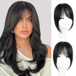 Clip in Bangs, 100% Real Human Hair Fake Bangs Natural Black Clip in Hair Extensions French Bangs Fringe with Temples Hairpieces for Women Natural Blend Curtain Bangs for Daily Wear