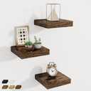 Fun Memories Small Floating Shelves for Wall - 8 Inch Square Wall Shelves with Invisible Brackets, Rustic Brown Shelves for Bathroom, Living Room, Bedroom, and Kitchen Decor, Set of 3