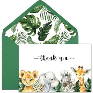 Safari Jungle Thank You Cards With Envelopes, 50 Jungle Animals Folded Baby Shower Thank You Note, 4 x 6 Wild one Notecards, Perfect for Baby Shower & Kids Birthday