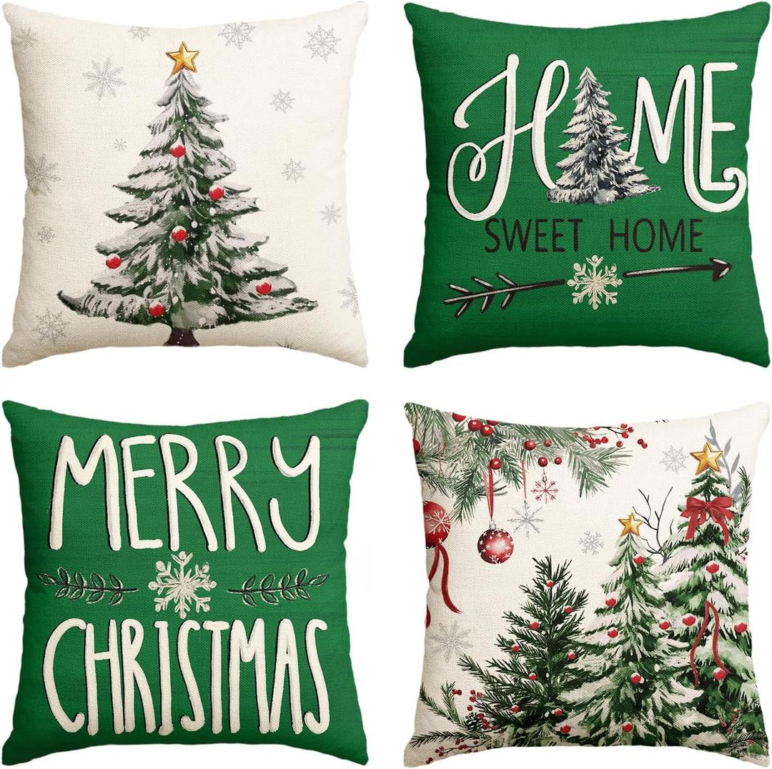 AVOIN colorlife Merry Christmas Trees Balls Berries Throw Pillow Covers, 16 x 16 Inch Green Home Sweet Home Seasonal Winter Holiday Cushion Case Decoration for Sofa Couch Set of 4