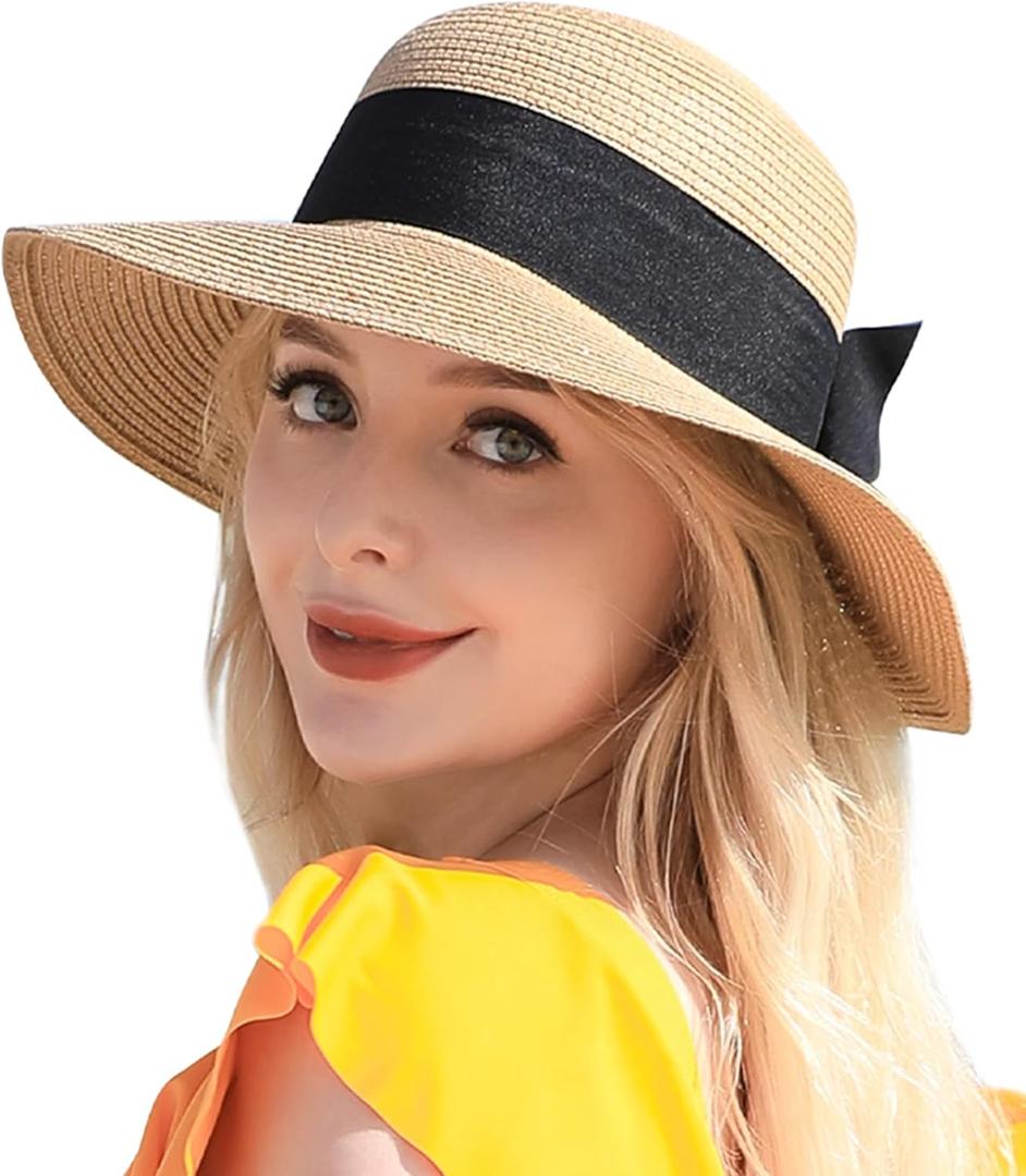 Beach Sun Straw Hats for Women, UPF 50+ UV Sun Protection Wide Brim Summer Straw Hat Foldable Packable Roll up Cap (One Size)