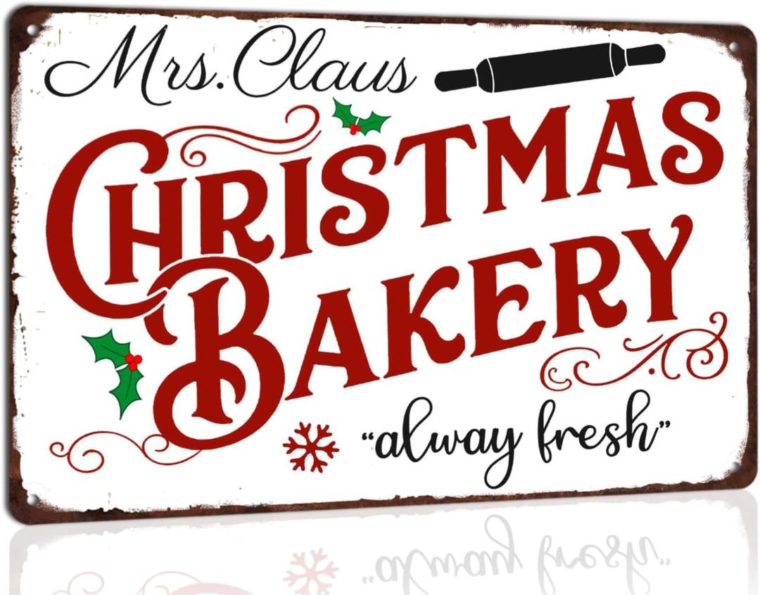 Mrs. Claus Christmas Bakery Metal Tin Sign Always Fresh Christmas Decor Vintage Holiday Decor Retro Poster for Kitchen Cafe Bar Home Wall Art Winter Decoration Sign 8x12 Inches