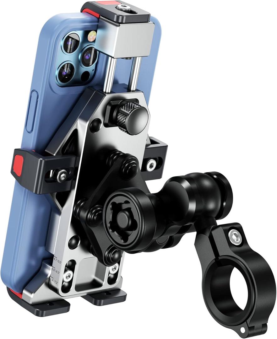 BRCOVAN Anti-Theft Aluminum Alloy Motorcycle Phone Mount with Vibration Dampener & Secure Lock, Adjustable Motorcycle Handlebar Cellphone Holder for Bike Bicycle Scooter ATV, Fit 4.7-7.2'' Smartphone (SILVER)