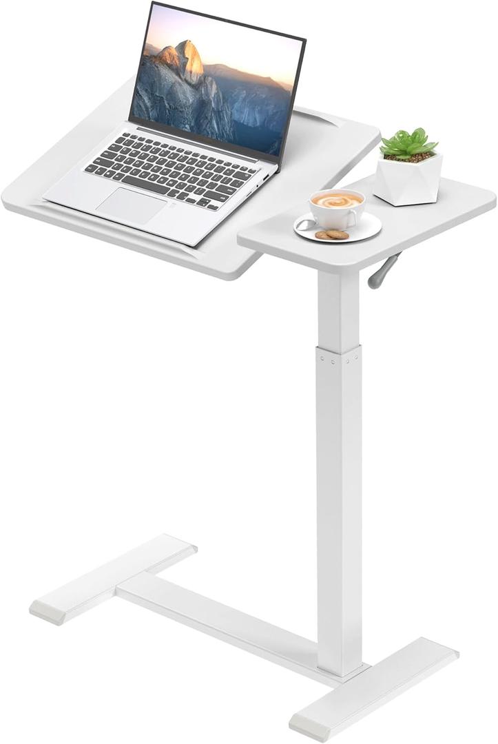 Height Adjustable Tilt Overbed Bedside Table with Hidden Wheels, Pneumatic Rolling Laptop Standing Desk, Portable Hospital Over Bed Sofa Chair Side Tables, White