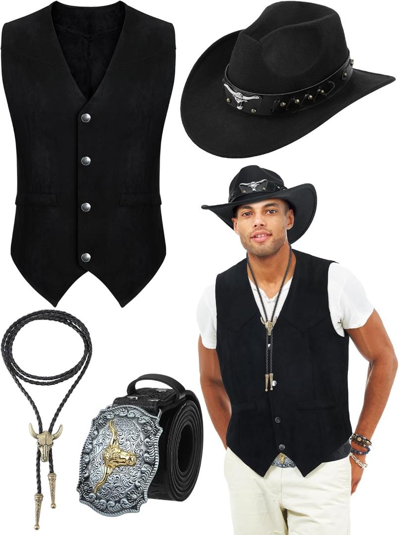 Cutecrop 4 Pcs Western Cowboy Outfits for Men Suede Leather Vest Hat Bolo Tie Belt for Western Halloween Cosplay, XL