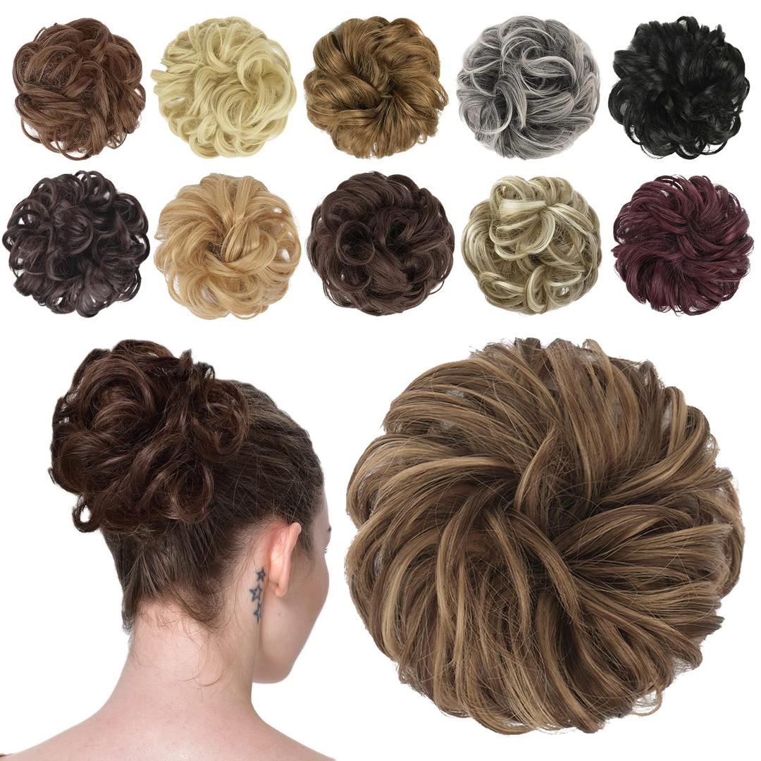 FESHFEN Messy Bun Hair Piece - Wavy Synthetic Chignon Scrunchies for Instant Volume, Elastic Bun Ponytail Hair Extensions Thick Hairpieces for Women, Brown Mixed Honey Blonde 1.50 oz