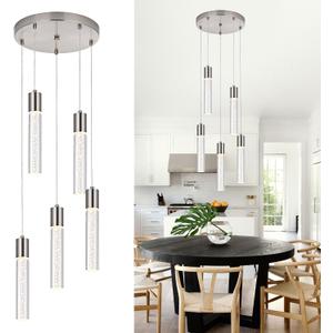 MELUCEE 5 Color Temperature Dimmable LED Pendant Light, 5-Light Round Multi Cluster Pendant Lighting Mini Bubble Chandelier Brushed Nickel for Dining Room Kitchen Island Stair, 3000K-6000K, Adjustable Height