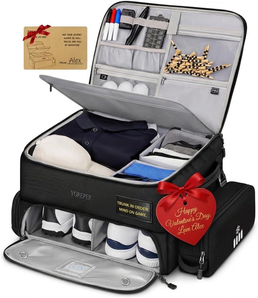 YOREPEK Upgraded Golf Trunk Organizer, Golf Valentines Gift, with Removable Insulated Pouch&Dust-Proof Protective Layer, Multi-Compartment fits 2 Pairs of Shoes, Golf Accessories (Black)