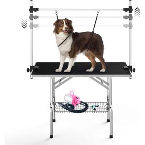 Dog Grooming Table, Adjustable Large Pet Drying Desktop, Foldable Bathing Desk with Arms, Noose, Mesh Tray, Maximum Capacity Up to 330Lb, 46in, Dark Black