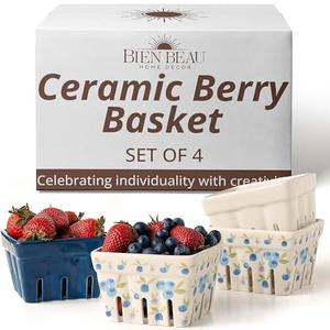 Ceramic Berry Basket, Farmhouse Colander, Farmers Market square Bowl. Rustic Kitchen decor fruit bowls, Fruit Baskets, Bleu White and Blueberry pattern Stoneware Harvest Bowls Set of 3