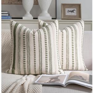 Cethom Green Boho Throw Pillow Covers 20x20 Inch Set of 2, Stripe Textured Decorative Couch Pillow Cases for Bed, Sofa, Living Room, Bedroom, Farmhouse Home Accent Cushion Covers