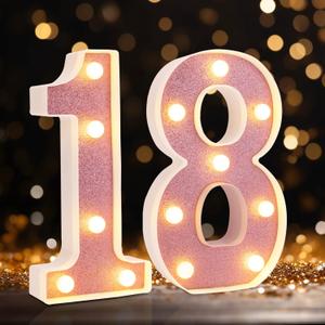 DyingSwan Led Light Up Numbers, 18th Birthday Decorations, Marquee Numbers Lights, Battery Powered Light Up Sign for Sweet 18 Decor Party (Pink Glitter)