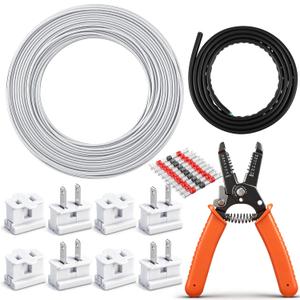 18/2 SPT-1 Electrical Wire Kit - 18/2 Landscape Lighting Wire with Strippers Plugs, Heat Shrink Terminals, Heat Shrink Tubing for Camp Holiday Lamp Extension Cable, Outdoor (White,100 ft)