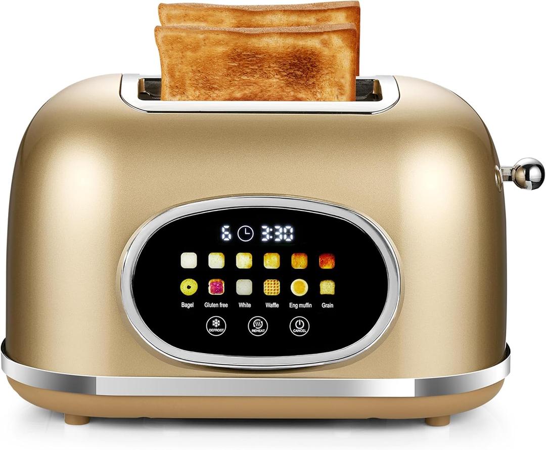 Roter Mond 2 Slice Toaster Smart Touch Screen, Retro Stainless Steel Bread Toaster with Digital Timer, Sleep Mode, Bagel, Cancel, and Defrost Functions, 6 Bread Types and Shade Settings, Gold