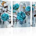 Biuteawal 3 Pieces Music Art Print Canvas Musical Notes Wall Decor with Blue Rose Flowers Poster Picture Romantic Painting Artwork for Classroom Music Room Decor Framed
