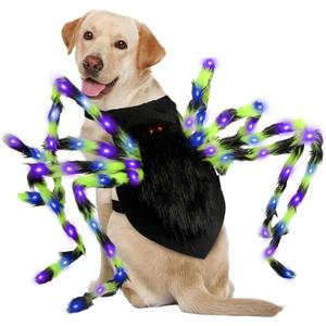 Dog Halloween Costume Large Breed, Furry Dog Spider Costume with 64 LED, Funny Halloween Dogs Costumes for Large Dogs Medium Pet Halloween Party Cosplay (Green)