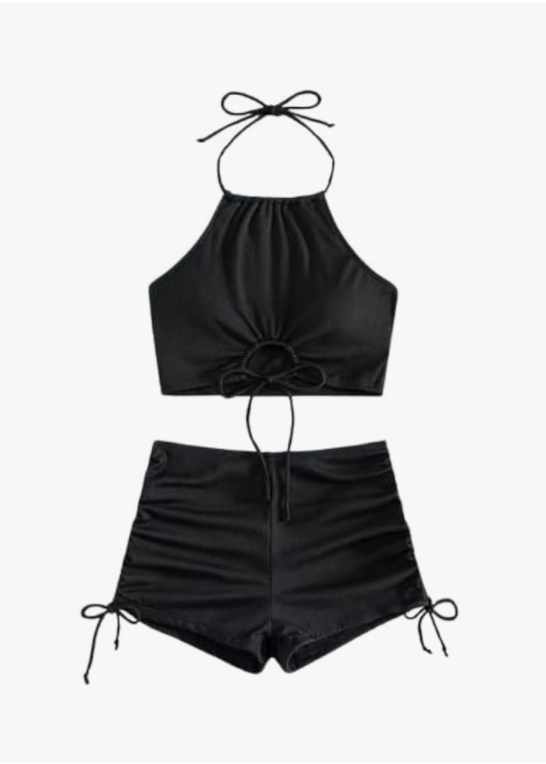 Spevert Two Piece Bathing Suit with Shorts for Women Tummy Control Swimsuit Halter Drawstring Leopard Print Bikini Set L