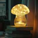JBGIYOSG Glass Mushroom Table Lamp, 5.9" Cute LED Night Light for Home Decor, Battery Operated (3 AA), Modern Ambient Light for Living Room Bedroom Office Clear