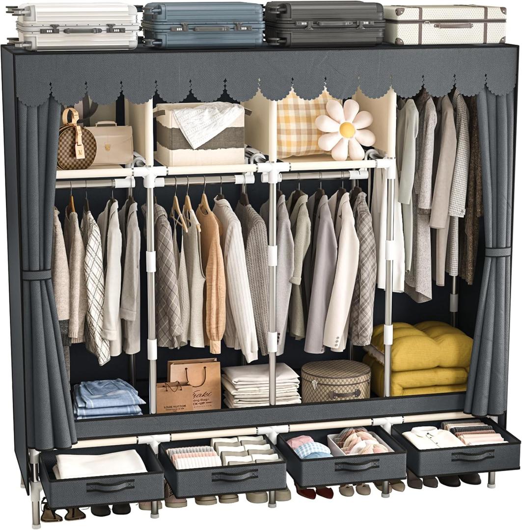 Large Portable Wardrobe with 4 Hanging Rods and Drawers, Armoire, Metal Storage Wardrobe Hangers, Upgraded Grey Non-Woven Dust Cover for Handing Closet,Large Closets for Bedroom (67.7 IN)