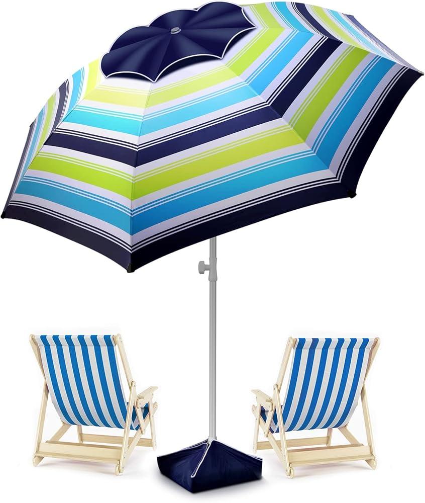 8FT Large Beach Umbrella with Level 7 Wind Resistance, Sand Anchor, Portable Outdoor Umbrella with UPF50+ UV Protection, Tilt Sun Shelter for Beach, Patio, Yard