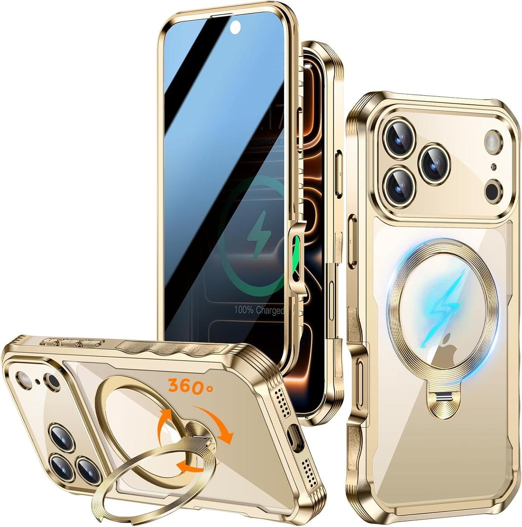 [360 Rotatable CD Stand & Built-in Privacy Screen Magnetic Case for iPhone 17 Pro [Compatible with MagSafe & Full Signal] Mil-Grade Shockproof Full Body Anti-Spy Cover for 17 Pro-Gold